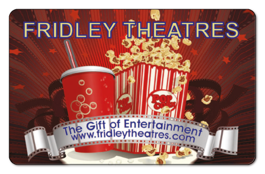 Fridley Theater logo with popcorn and a drink over a red background